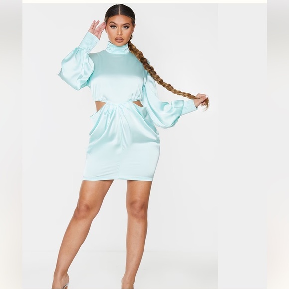 SATIN AQUA SIDE CUT OUT BALLOON SLEEVES MINI DRESS SIZE 8 - Picture 1 of 9